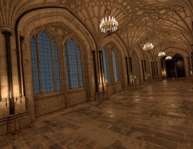 Gotik bir koridorun 3 boyutlu yansıması