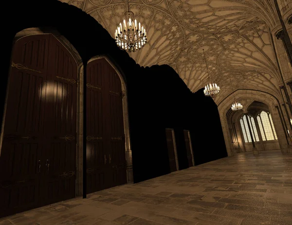 哥特式室内走廊3D渲染 — 图库照片