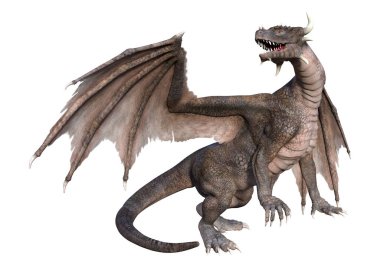 Beyaz arka planda izole edilmiş bir fantezi ejderhanın 3 boyutlu canlandırması