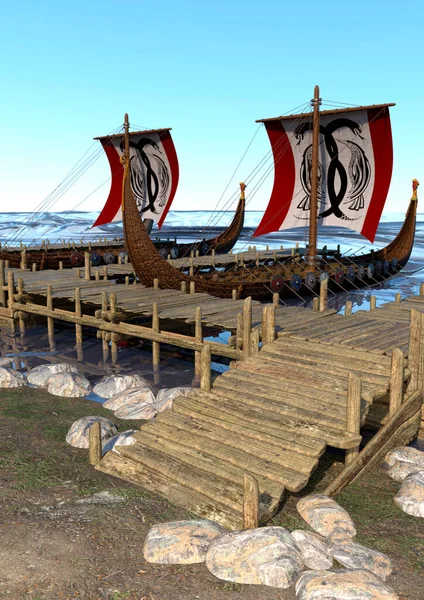 Візуалізація Двох Середньовічних Човнів Вікінгів Блакитному Небі Океанічному Фоні — стокове фото