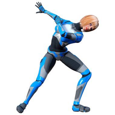 Beyaz arka planda izole edilmiş bir kadın robotun 3 boyutlu canlandırması