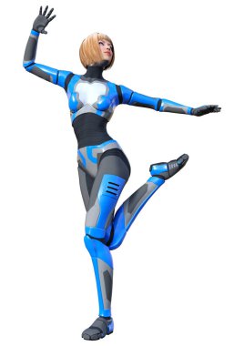 Beyaz arka planda izole edilmiş bir kadın robotun 3 boyutlu canlandırması