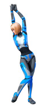 Beyaz arka planda izole edilmiş bir kadın robotun 3 boyutlu canlandırması