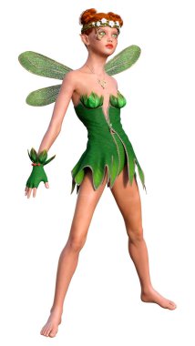 Beyaz arkaplanda izole edilmiş bir bahar perisinin 3 boyutlu canlandırması