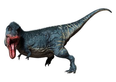 Beyaz zemin üzerinde izole edilmiş bir dinozor Tyrannosaurus Rex 'in 3D görüntüsü