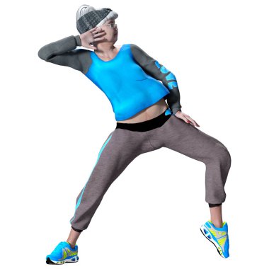 Beyaz arka planda tek başına dans eden yaşlı bir kadının 3 boyutlu görüntüsü