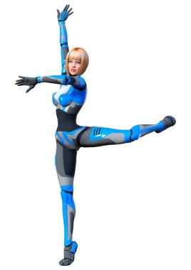 Beyaz arka planda izole edilmiş bir kadın robotun 3 boyutlu canlandırması