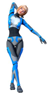 Beyaz arka planda izole edilmiş bir kadın robotun 3 boyutlu canlandırması