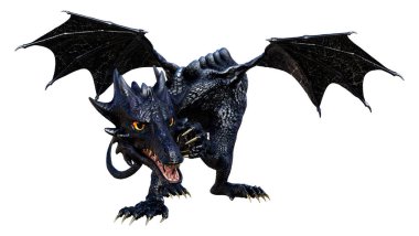 Beyaz arka planda izole edilmiş bir fantezi ejderhanın 3 boyutlu canlandırması