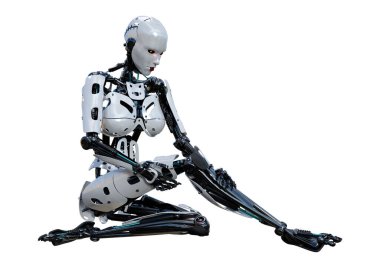 Beyaz arka planda izole edilmiş bir kadın robotun 3 boyutlu canlandırması