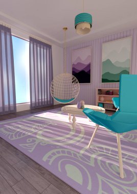 Bir oturma odasının 3 boyutlu canlandırması