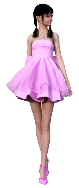 Renderização Uma Menina Asiática Bonito Vestido Rosa Isolado Fundo Branco — Fotografia de Stock