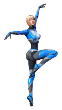 Beyaz arka planda izole edilmiş bir kadın robotun 3 boyutlu canlandırması