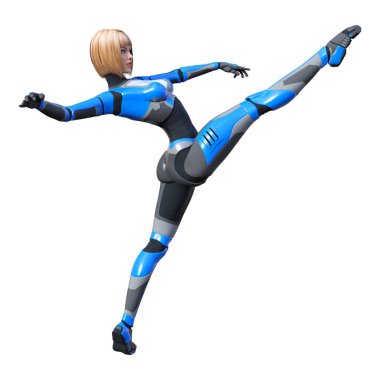 Beyaz arka planda izole edilmiş bir kadın robotun 3 boyutlu canlandırması