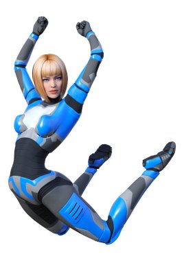 Beyaz arka planda izole edilmiş bir kadın robotun 3 boyutlu canlandırması