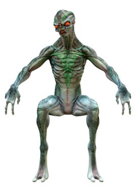 Beyaz arka planda izole edilmiş yeşil bir uzaylının 3 boyutlu görüntüsü