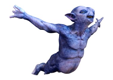 Beyaz arka planda izole edilmiş mavi bir uzaylının 3 boyutlu görüntüsü