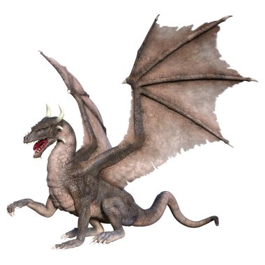 Beyaz arka planda izole edilmiş bir fantezi ejderhanın 3 boyutlu canlandırması