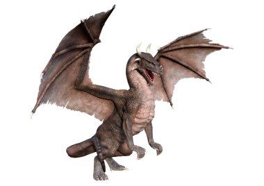 Beyaz arka planda izole edilmiş bir fantezi ejderhanın 3 boyutlu canlandırması