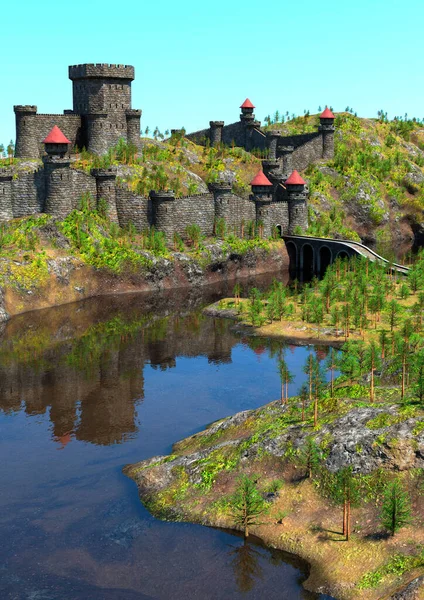 Darstellung Einer Mittelalterlichen Landschaft Mit Einer Alten Burg — Stockfoto