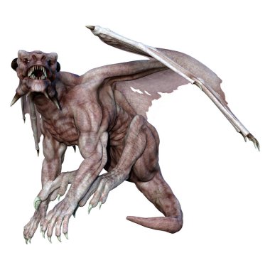 Beyaz arka planda izole edilmiş bir fantezi ejderhanın 3 boyutlu canlandırması