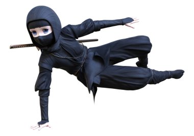 Beyaz arka planda izole edilmiş 3 boyutlu ninja çocuk çizimi