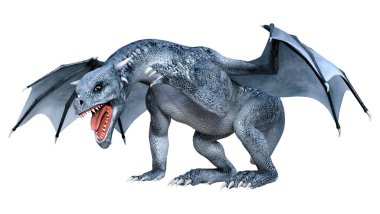 Beyaz arka planda izole edilmiş bir fantezi ejderhanın 3 boyutlu canlandırması