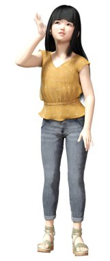 Beyaz arka planda izole edilmiş güzel bir Asyalı kızın 3 boyutlu görüntüsü.