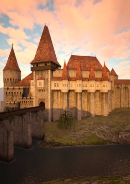 bir ortaçağ kalesi günbatımı gökyüzü arka plan üzerinde 3D render