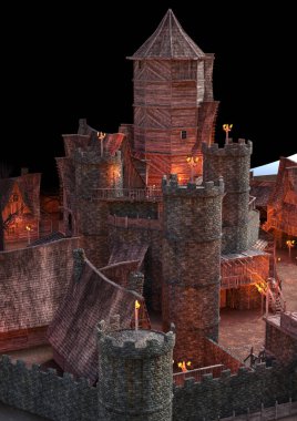 Gece bir ortaçağ kale köyünün 3 boyutlu canlandırması