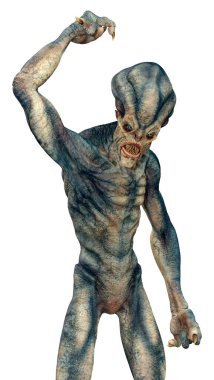 Beyaz arka planda izole edilmiş mavi bir uzaylının 3 boyutlu görüntüsü