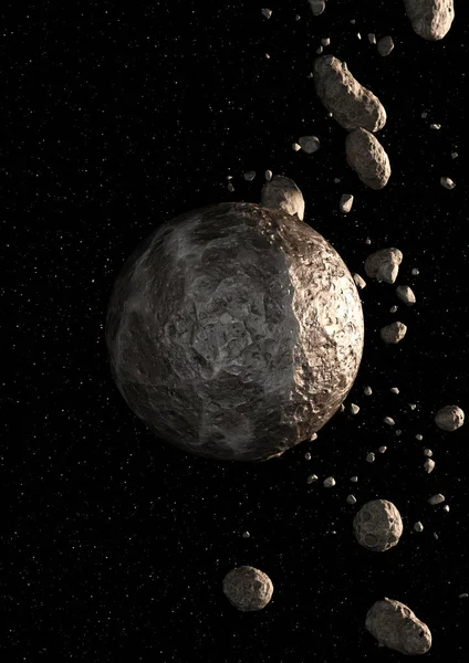 Renderowanie Przestrzeni Kosmicznej Science Fiction Planetą Asteroidami — Zdjęcie stockowe