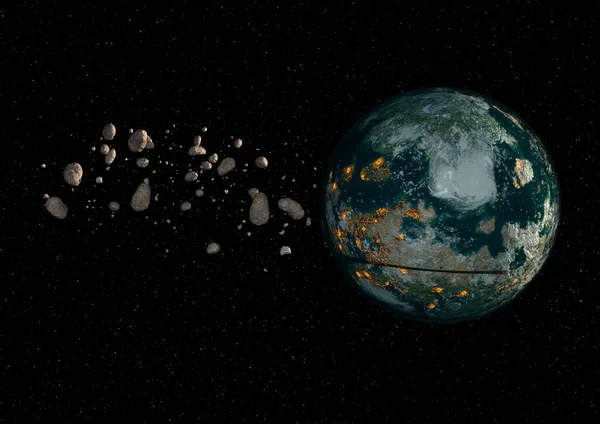 惑星や小惑星とのサイエンスフィクションの宇宙空間の3Dレンダリング — ストック写真