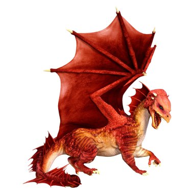 Beyaz arka planda izole edilmiş bir fantezi ejderhanın 3 boyutlu canlandırması