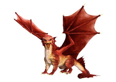 Beyaz arka planda izole edilmiş bir fantezi ejderhanın 3 boyutlu canlandırması