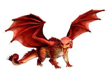 Beyaz arka planda izole edilmiş bir fantezi ejderhanın 3 boyutlu canlandırması