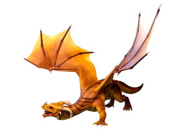 Beyaz arka planda izole edilmiş bir fantezi ejderhanın 3 boyutlu canlandırması