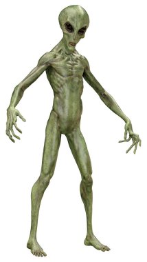 Beyaz arka planda izole edilmiş yeşil bir uzaylının 3 boyutlu görüntüsü