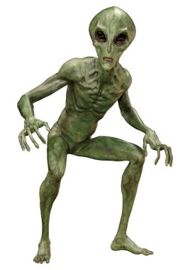 Beyaz arka planda izole edilmiş yeşil bir uzaylının 3 boyutlu görüntüsü