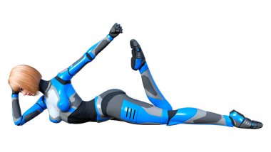 Beyaz arka planda izole edilmiş bir kadın robotun 3 boyutlu canlandırması