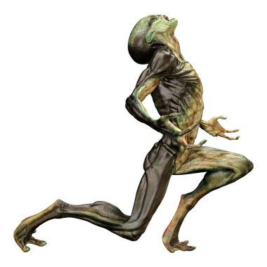 Beyaz arka planda izole edilmiş yeşil bir uzaylının 3 boyutlu görüntüsü