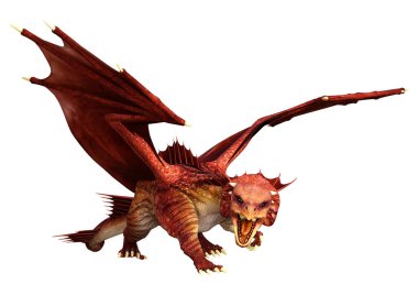 Beyaz arka planda izole edilmiş bir fantezi ejderhanın 3 boyutlu canlandırması