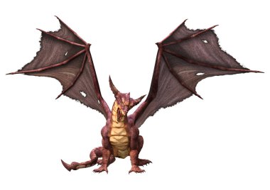 Beyaz arka planda izole edilmiş bir fantezi ejderhanın 3 boyutlu canlandırması