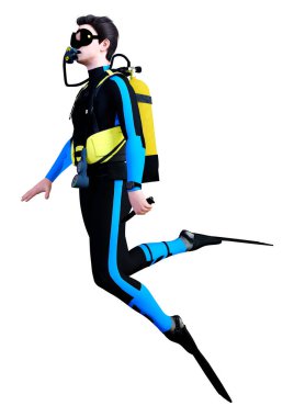 Beyaz arka planda izole edilmiş genç bir erkek dalgıcın 3D görüntüsü