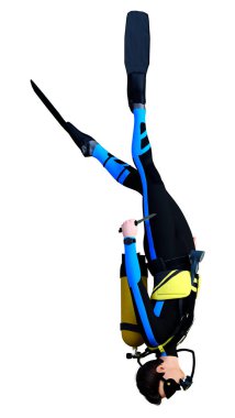 Beyaz arka planda izole edilmiş genç bir erkek dalgıcın 3D görüntüsü