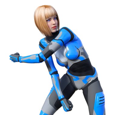 Beyaz arka planda izole edilmiş bir kadın robotun 3 boyutlu canlandırması