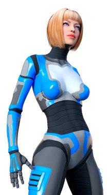 Beyaz arka planda izole edilmiş bir kadın robotun 3 boyutlu canlandırması