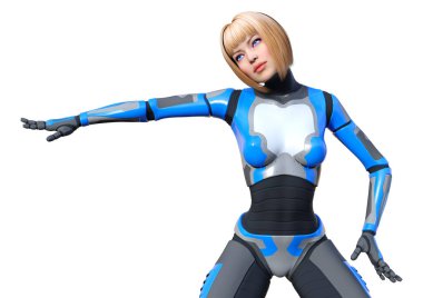 Beyaz arka planda izole edilmiş bir kadın robotun 3 boyutlu canlandırması