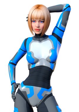 Beyaz arka planda izole edilmiş bir kadın robotun 3 boyutlu canlandırması