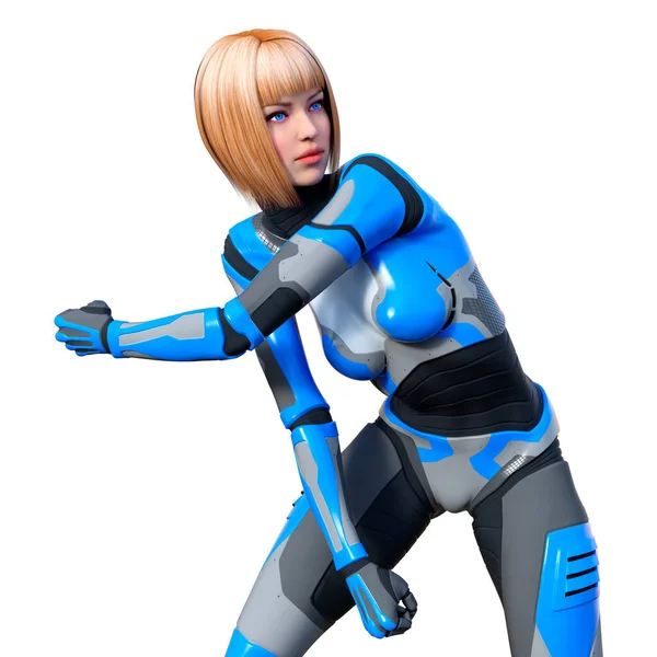 Beyaz arka planda izole edilmiş bir kadın robotun 3 boyutlu canlandırması